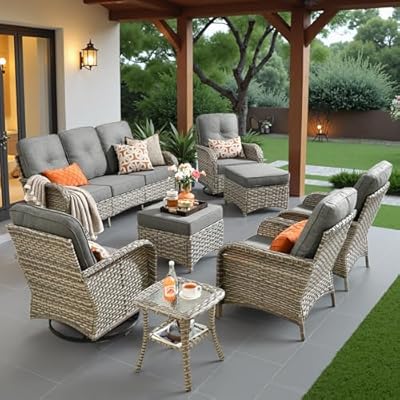 Weaxty Wicker Patio Furniture 8 Piece, Outdoor Sectional Furniture Patio Set with Swivel Chair Ottoman Outdoor Loveseat Sofa for Backyard Garden Deck Dark Gray