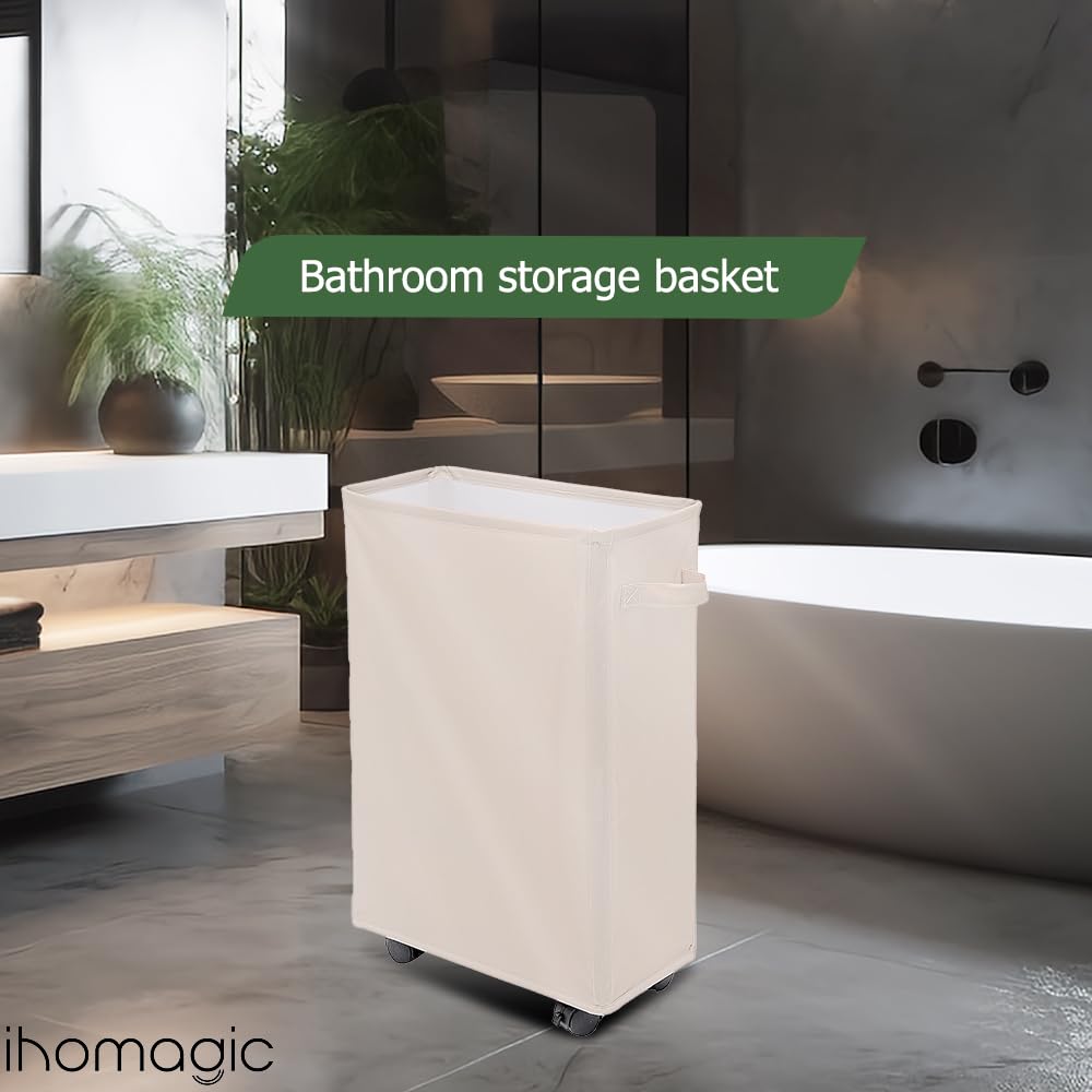 Cesto Ropa Sucia 40L con Ruedas, Cestos para la Colada Rectangular, Bolsa de Lavandería Plegable Beige