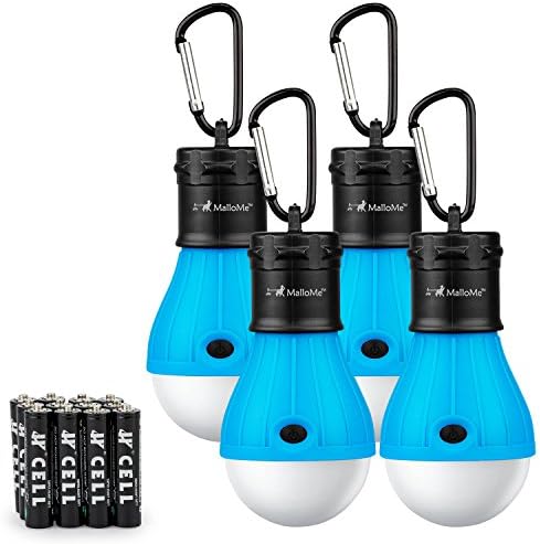 MalloMe Camping Tent Lantern Bulb Lights - 4 Pack - Portable Camp LED Lamp for Fishing Hiking Emergency - Battery Powered Includes 12 AAA … (Blue)