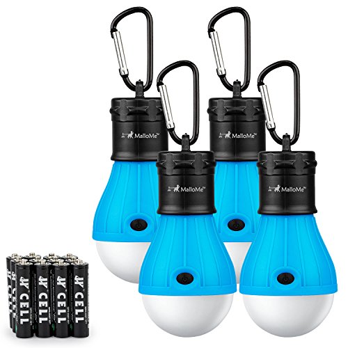 MalloMe Camping Tent Lantern Bulb Lights - 4 Pack - Portable Camp LED Lamp for Fishing Hiking Emergency - Battery Powered Includes 12 AAA … (Blue)