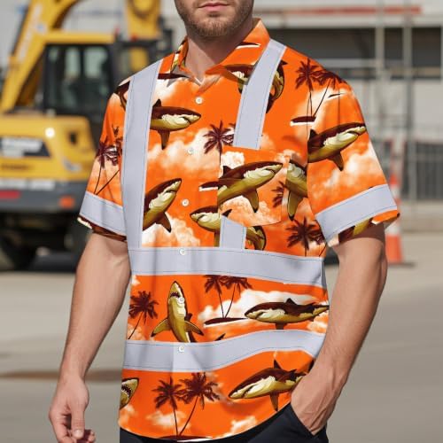 Orange Neon Shark Hi Vis Hawaiian Shirt