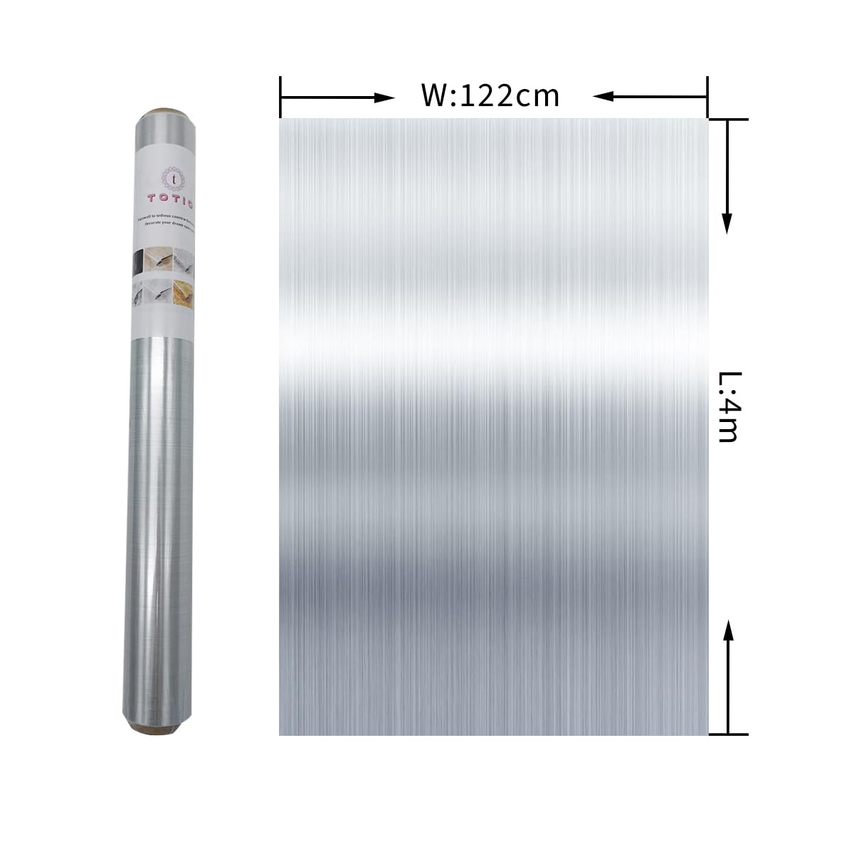 TOTIO 122 cm x 4 m Srebrna folia samoprzylepna srebrna tapeta samoprzylepna realistyczny wzór ze stali nierdzewnej odporna na wodę i tłuszcz naklejka kuchenna gładka winylowa folia do mebli