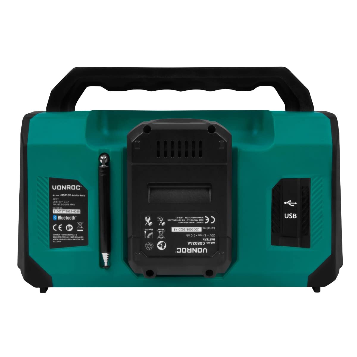 VONROC Radio de Obra 20V - FM, Bluetooth & USB - Altavoces Bass Reflex - Incl. batería 2.0Ah y Cargador rápido
