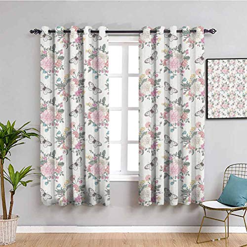 Shabby Chic Decor Wohnzimmer Vorhänge 2 Paneel-Sets Pfingstrosen Sweet Peas Rosen Blumenstrauß und Schmetterlinge Pastelltöne Brautmotto Zimmer
