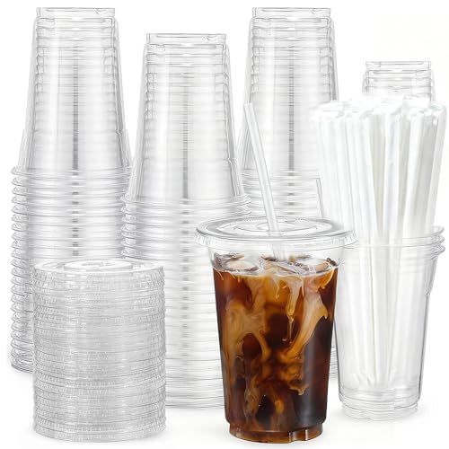 EUHOMY 100-Pack 16oz Clear Plastic Cups with Lids & Straws