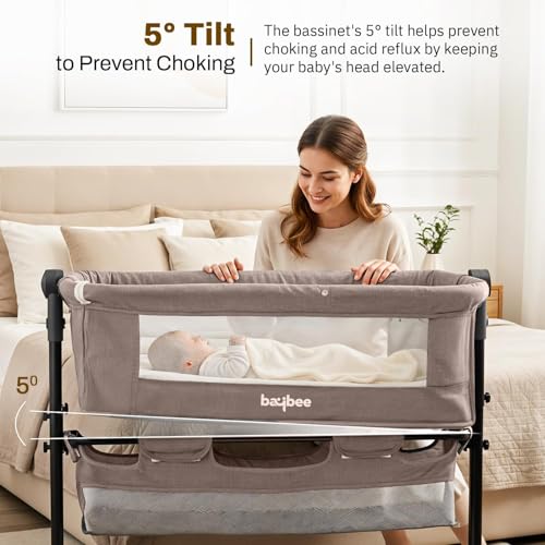 Image of BAYBEE Bedside Crib Cradle for Baby | Bassinet for New Born with 2 Height Adjustable & 360 Wheels | Babies Cot with Mosquito Net & Storage Box | Baby Cribs & Cots for 0 to 2 Years Boys Girls (Beige)