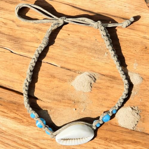 BlueRica Hemp Anklet with Blue Cat's Eye Beads & Cowrie Shell4