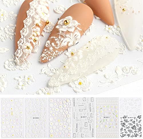 LIULI 5D Flowers for Nails Art Stickers Embossed Lace Butterfly Stereoscopic Engraved Pattern Adhesive Nail Decals for Spring Summer Nail Decorations (Black & White)