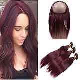 Tony Beauty Hair #99J Wine Red Virgin Peruvian Human Hair Bundles Deals with 360 Lace Closure 22.5x4x2 Straight Burgundy Hair Weave with 360 Full Lace Frontal Pre Plucked (16 18 20+16)