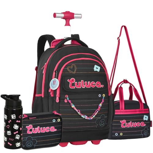 Kit mochila Escolar Luluca de rodinhas grande com Lancheira e estojo e garrafa Preto