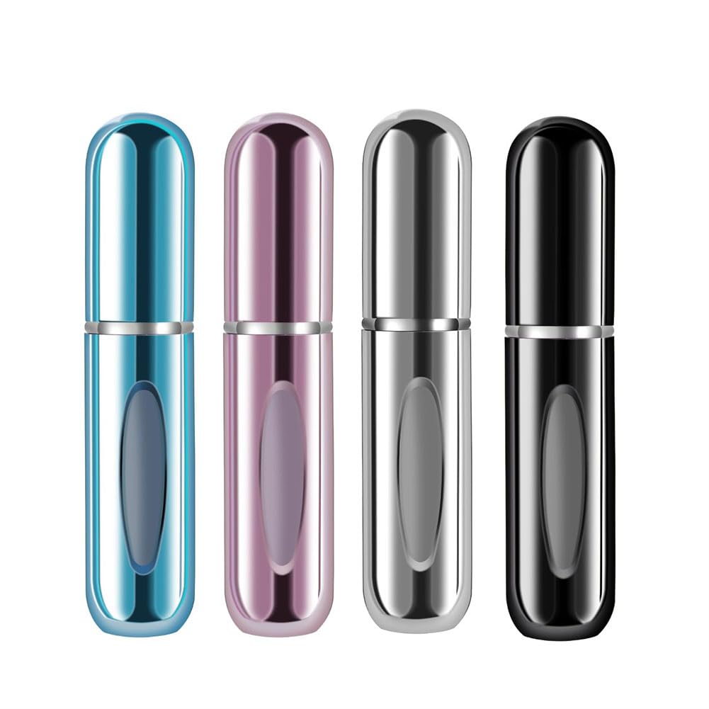 4Pcs Portable Mini Refillable Perfume Atomizer Bottle Atomizer Travel Size Perfume Spray Bottles Refill Pump Case for Outgoing, Black/Pink/Silver/Blue