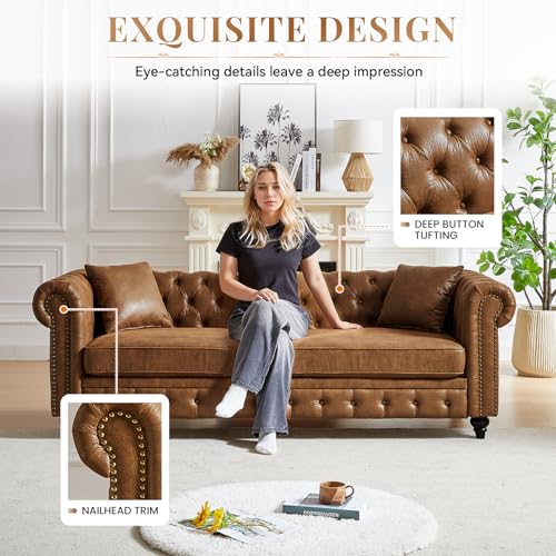 Image of Modern Chesterfield Sofa Set for Living Room, 2 Piece Faux Leather Furniture Sets 3 Seater Couch&Loveseat Sofa with Rolled Arms and Tufted Button, Office, Brown