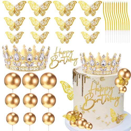 Morofme Diamant Krone Tortendeko 35 Stück, Kristall Metall Krone Mädchen mit „Happy Birthday“ Cake Topper, Gold Tortendeko Kugeln 3D Blitz Schmetterlings für Hochzeit Geburtstag Prinzessin Thema Party
