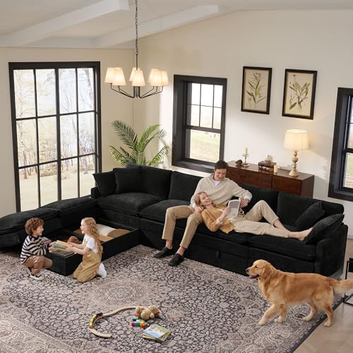 Image of Ihanherry 135 inch Modular Sectional Sofa with Storage, U Shaped Cloud Couch with Movable Ottomans & 4 Pillows, Chenille Deep Seat Sectional Couches for Living Room, Apartment (Black)