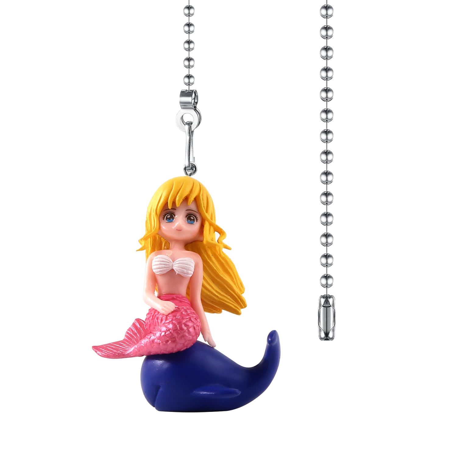 Mermaid Ceiling Fan Pull Chain,Cute Mermaid with Dolphin Pulls Charm Extension Decorative,12in 3mm Diameter Beaded Fan Light Pull Chains Extender Ornaments for Kids Room