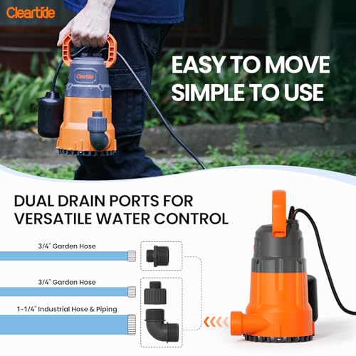 Image of Cleartide Submersible Water Sump Pump with Float Switch, 1 /2 HP 3060 GPH High Flow, Ideal for Yard and Flooded Cellar, Hot Tub, Garden Irrigation, Debris-Handling up to 3 /8 inch