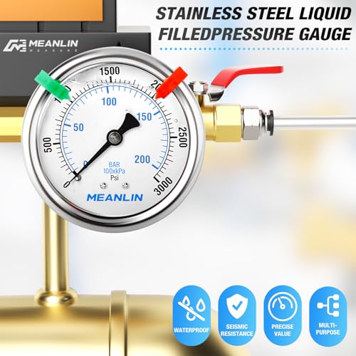 Image of MEANLIN MEASURE 0~3000Psi Liquid Filled Pressure Gauge 1 /4 inch NPT 2.5 inch FACE DIAL Stainless Steel Glycerin Filled WOG Water Oil Air Back Mount (with 2PCS Snaps)