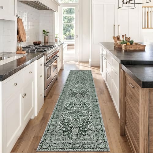KUTA Vintage Runners for Hallways 2x8 Dark Green, Modern Floral Kitchen Rugs Non-Slip Washable Ultra Soft Printed Retro Distressed Carpet Entryway Runners for Bedroom Living Room Decor