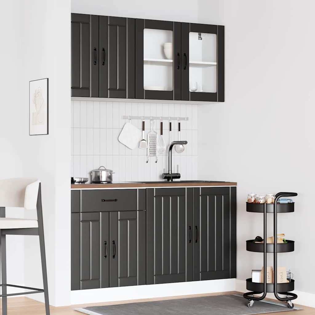 4-TLG. Küchenzeile Lucca Schwarz, modernes Küchenschrank-Set aus Holzwerkstoff & Glas, modulares Küchenmöbel-Set mit Unterschränken & Hängeschränken für viel Stauraum, 140 cm
