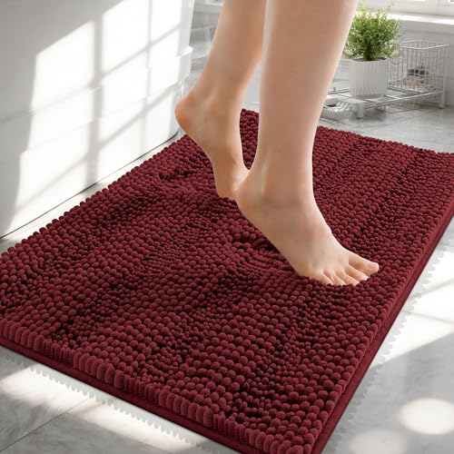 Image of OLANLY Thick Small Bathroom Rugs 24x16, Extra Absorbent Chenille Striped Bath Rugs, Rubber Backing, Machine Wash, Bath Mats for Bathroom, Tub and Shower, Home Decor Accessories, Andorra Red-Brown