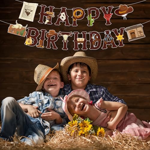 Image of Western Cowboy Birthday Banner Western Cowboy Theme Happy Birthday Decoration Boots Banner Boy Rodeo Party Ideal Decorations for Boys Kids First Party Supplies