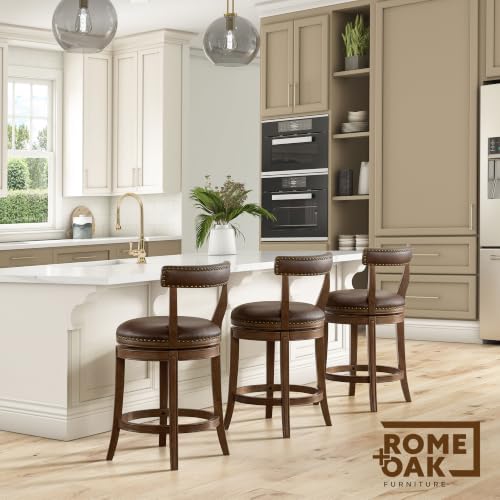 Image of ROME + OAK Ruxban 26 inch Counter Stool, Low Back Swivel Barstools in Walnut Finish with Saddle Brown Vegan Leather Seat - Indoor Home Furniture