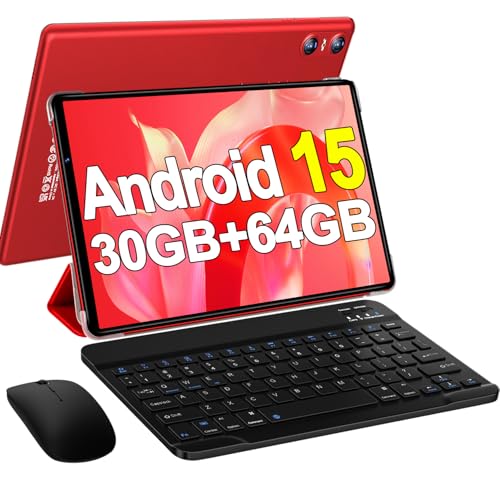 Image of 2026 Android 15 Tablet with Keyboard, 10.1 Inch Tablets FHD Display 30GB RAM 64GB ROM 1TB Expand, Octa-Core 2.0GHz, Widevine L1, 6000mAh Battery, 5G WiFi & GPS, Gemini AI, 2-in-1 Tableta PC - Red