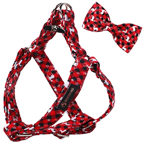 DOGWONG Christmas Dog Harness with Bow tie, Red Plaid Deer Dog Harness Soft Durable Adjustable Cotton Puppy Harness for Small Medium Large Dog