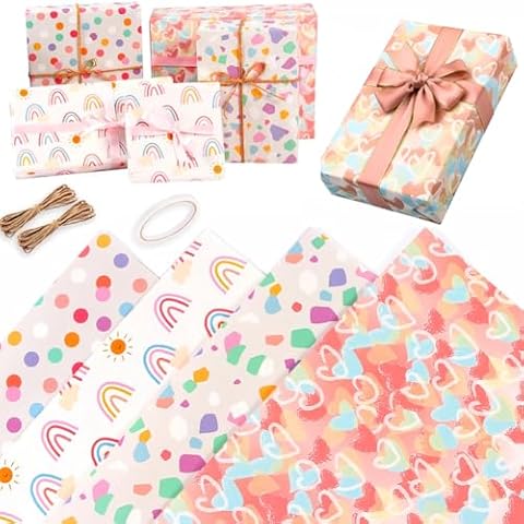Gift Wrapping Paper, Christmas Birthday Wrapping Paper for Girl w/Gift Tags, Rainbow Polka Dots Heart Gift Wraps for Birthday, Valentines Day, Christmas, Wedding, Baby Shower, 4 Sheets 27.5x19.6inch Cover