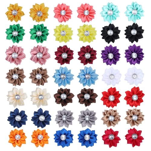 Jxiwfvl 40 PCS Ribbon Flowers Bows, 1.4 Inch Rhinestones Fabric Flowers for Crafts for Sewing Appliques Dress Bag Decoration Accessories(Multi-Color)