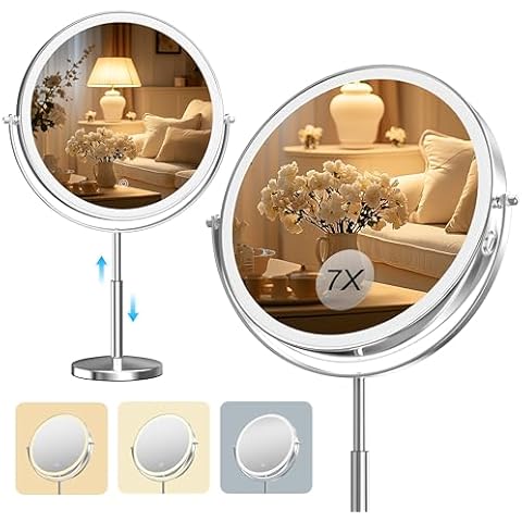 Hasipu 10-inch Lighted Makeup Mirror with Magnification, Rechargeable 3000 mAh Vanity Mirror with Lights, Desk Mirror with Dimmable Brightness, 3 Lighting Modes, Height Adjustment, 360° Rotation Cover