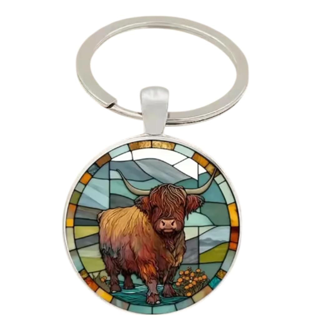 CMJ™ Highland Cow Keyring Glass Dome Cows Animal Farm Keychain Design 1