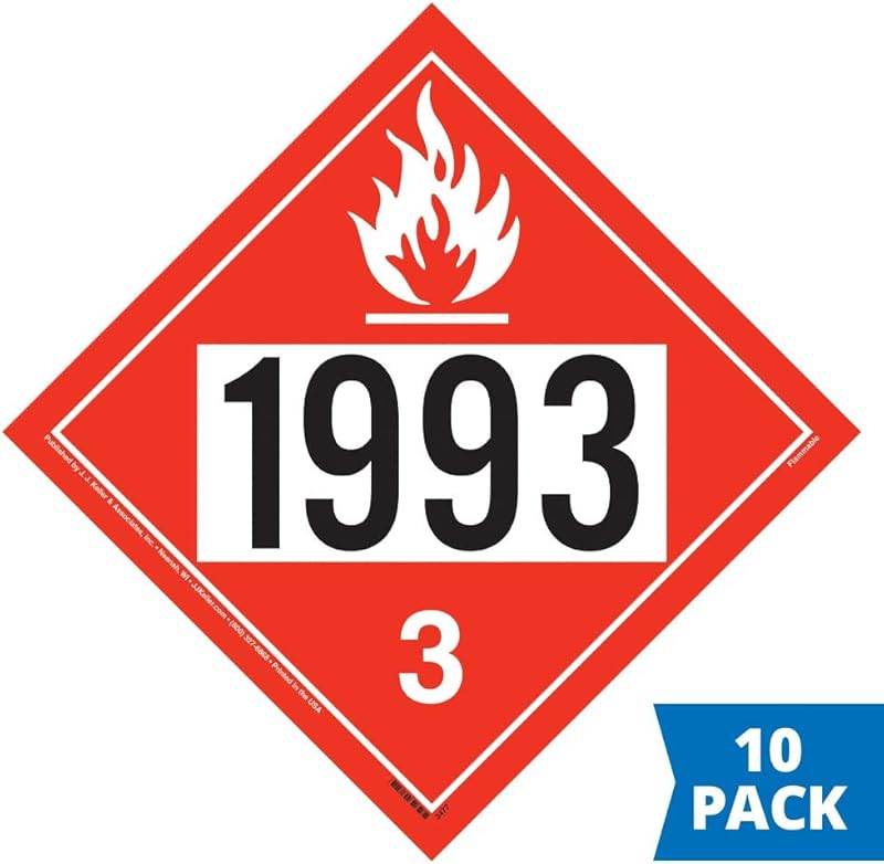 1993 Placard, Class 3 Flammable Liquid 10-pk. - 10.75" x 10.75" Removable Self Adhesive Vinyl for Temporary Applications - Complies with DOT Hazmat Placard Requirements 10-pack