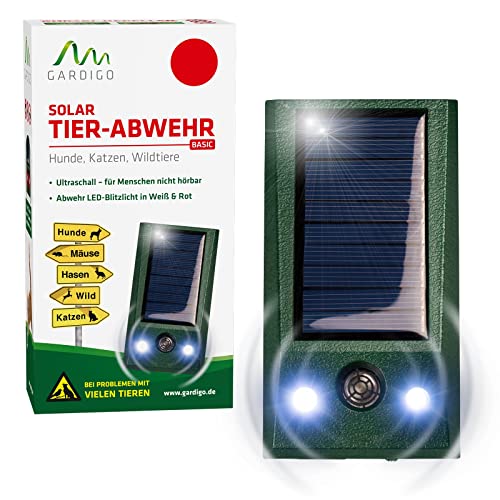 GARDIGO® Solar Tierabwehr Basic I Vertreibt Hunde, Katzen, Mäuse, Ratten und Wildtiere I Tiervertreiber mit weißem und rotem LED Blitzlicht