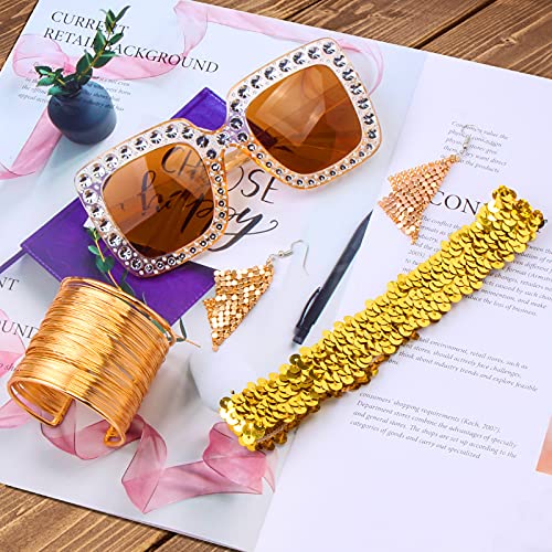 Yewong 5 Pieces 70S Retro Disco Accessories Set Oversize Square Sparkling Sunglasses Rhinestone Choker Bling Headband Cuff Bangle Bracelet Drop Dangle Earrings (Gold Set) #TOP4