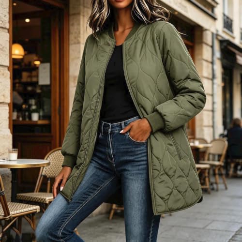 fartey Overcoat for Women Quilted Zip up Coat Casual Loose Jacket Hem Slit - image 2
