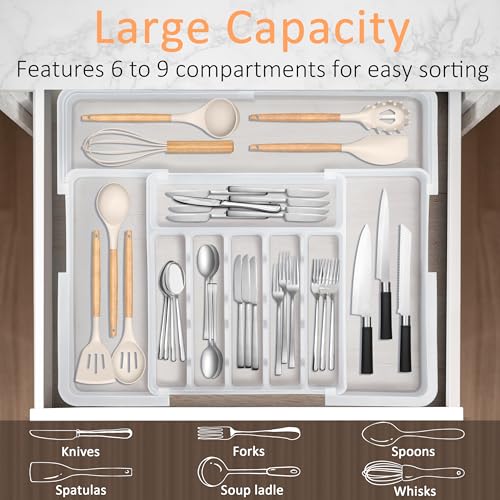 Large Silverware Drawer Organizer Expandable Kitchen Utensil Organizer BPA Free Flatware Cutlery Holder Tray Adjustable Plastic Drawer Divider Storage for Forks Knives 6-9 Slots White