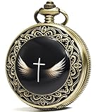Kette Länge 365 mm 35,6 cm SEWOR Fashion Bronze Emaille Kreuz Rosenquarz Flügel Taschenuhr Schwarz Zifferblatt + Leder-Geschenk-Box