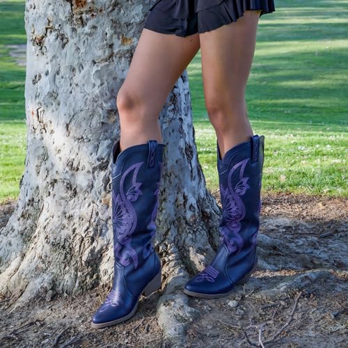 Hawkwell Women's Cowboy Cowgirl Boots Slip On Pointed Toe and Block Heel Shoes with Classic Embroidered Pull On Tall Boot for Ladies Dress Western Knee High Boots2