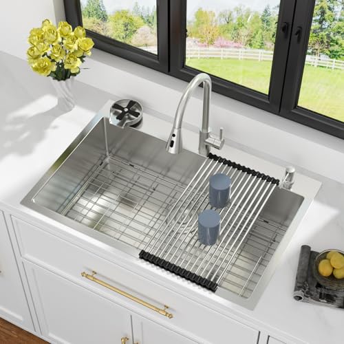 Image of Kichae 30 Drop In Kitchen Sink with Faucet Combo - Stainless Steel Sinks 30 x 22 Inch Topmount Overmount Single Bowl Handmade Basin with Accessories