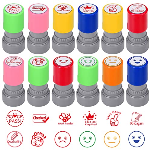 12 Pcs Sorted Teacher Stamp Self-Inking Rubber Stamps Teacher Elementary Photosensitive Stamps Mood Expressions and Comments Stamp for Kids Education (Lovely Style)