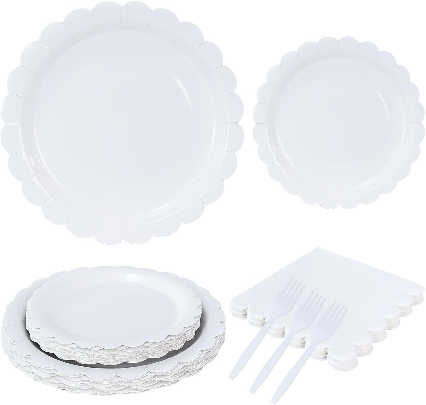 96 Pcs White Plates and Napkins Party Supplies Serve 24 Guests Including White Scalloped Paper Plates and Napkins Plastic Forks for Baby Shower Birthday Party Disposable Dinnerware Set
