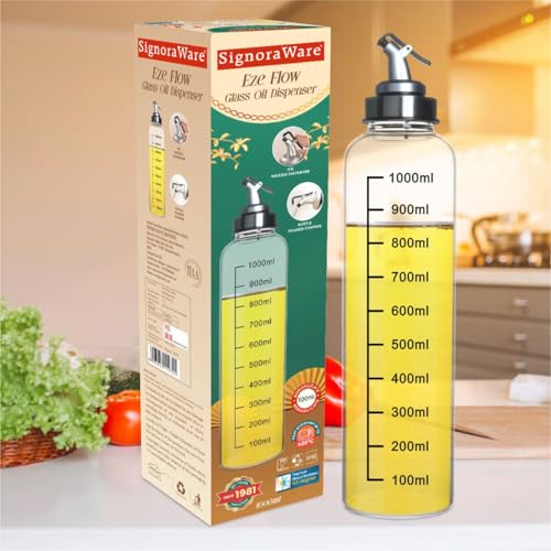 Image of SignoraWare Eze Flow Borosilicate Glass Oil Dispenser | Measurement Marking | Wide Bottleneck for Easy Reffiling | Lock Nozzle Lid | Essential oils | Grilling | Home & Restaurant use (1 ltr | Clear)