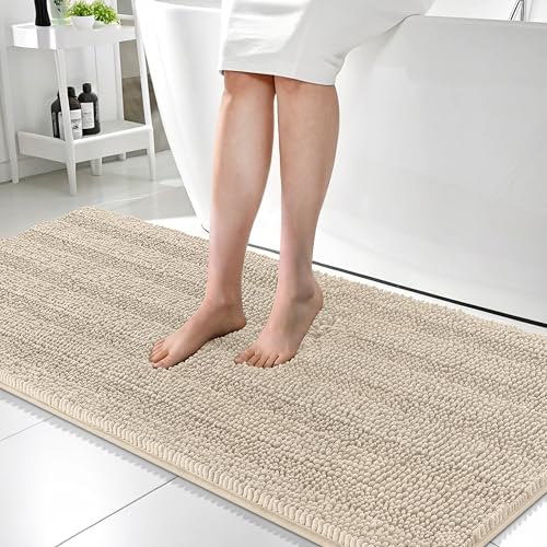 Image of OLANLY Thick Bathroom Runner Rugs 59x24, Absorbent Chenille Striped Bath Rugs, Rubber Backing, Machine Wash Dry, Extra Long Bath Mats for Bathroom Floor, Tub and Shower, Home Decor Accessories, Sand