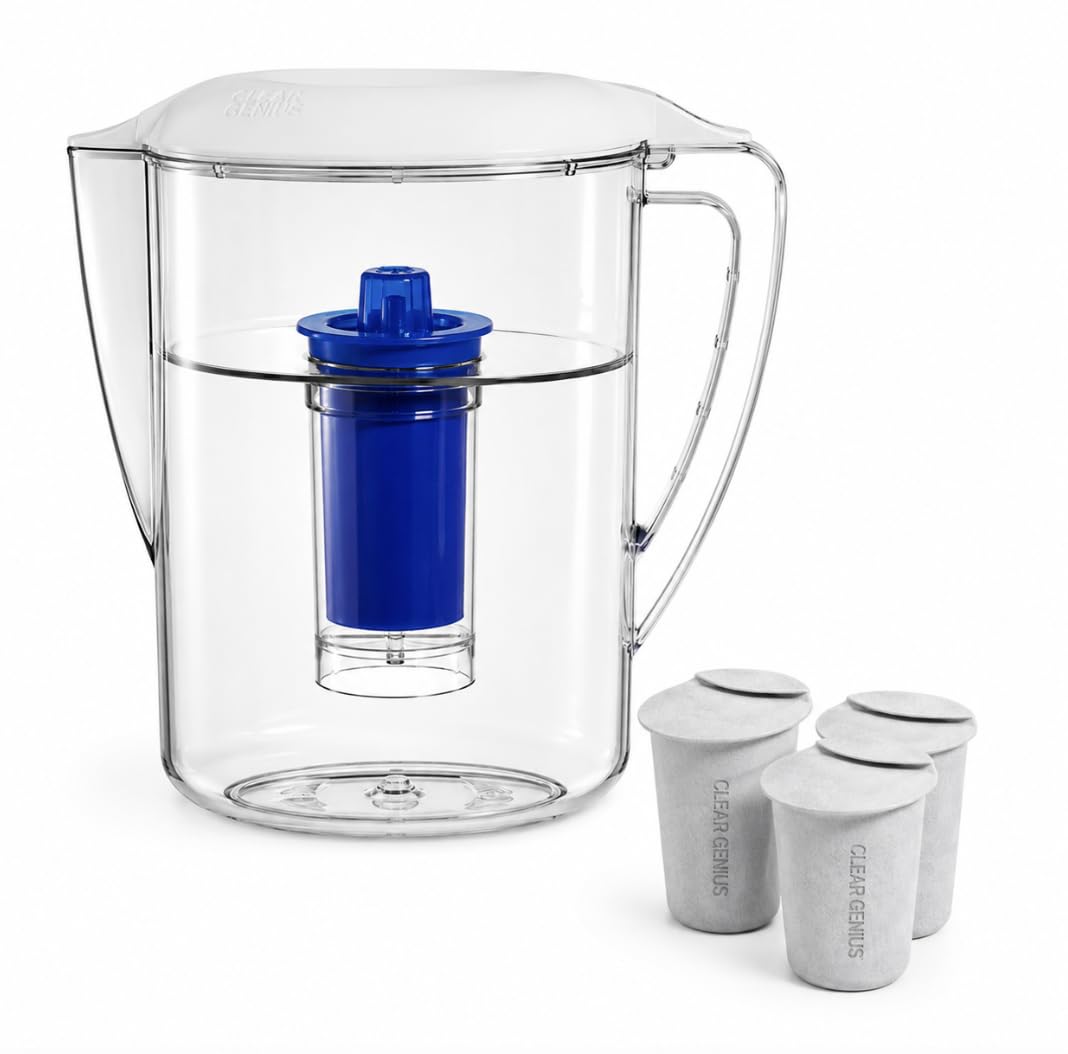 Clara Genius sistema de filtrado de agua jarra FWP-1, incluye reutilizable cartucho de filtro y filtro de recambio de Pod, claro, 6 tazas capacidad