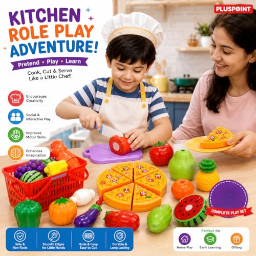 Image of PLUSPOINT 20 PCS Cutting Play Food Toy Set with Storage Basket | Sliceable Fruits, Vegetables & Pizza Kitchen Pretend Play Accessories with Cutting Board & Chopper | Role Play Toy for Boys & Girls