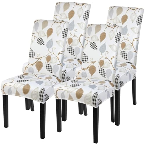 Image of SearchI Dining Room Chair Covers Set of 4, Stretch Printed Floral Parsons Chair Slipcovers Removable Washable Kitchen Chair Protector Cover for Dining Room, Hotel, Ceremony (Checked Leaf Pattern)