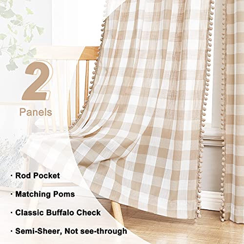 Treatmentex Buffalo Check Curtains 84Inch Farmhouse Pom Pom Curtain Drapes For Living Room Vintage Gingham Plaid Semi Sheer Tan Window Curtains For Bedroom Kitchen 2 Panels Rod Pocket Taupe And White #TOP3