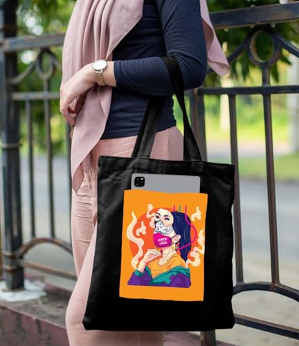 Image of ZORI Black Tote Bag With Pocket Printed Designed Canvas Tote Bags For Women large capacity,Tote bag For Shopping, College, Travel, More Canvas Handbag For Unisex Bag