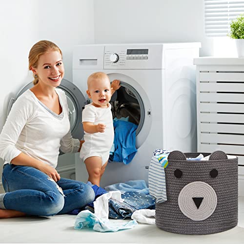 Cotton Rope Storage Basket, Cute Bear Basket With Handles, Nursery Storage, Baby Nursery Basket For Toys, Clothes, Towels, Animal Baskets As Gift For Kids, Grey, 16”(D) X 14”(H) #TOP5